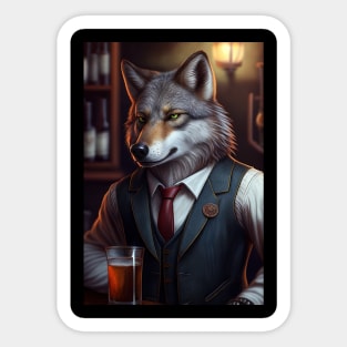 Wild And Classy Barkeeper Wolf In A Suit - Unique Wildlife Art Print For Fashion Lovers Sticker